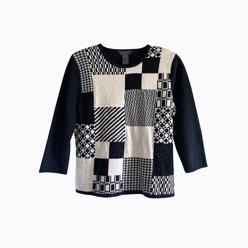 BxW Mixed Media Patchwork Sweater Med 3/4 Sleeve Graphic Geo Whimsigoth Abstract